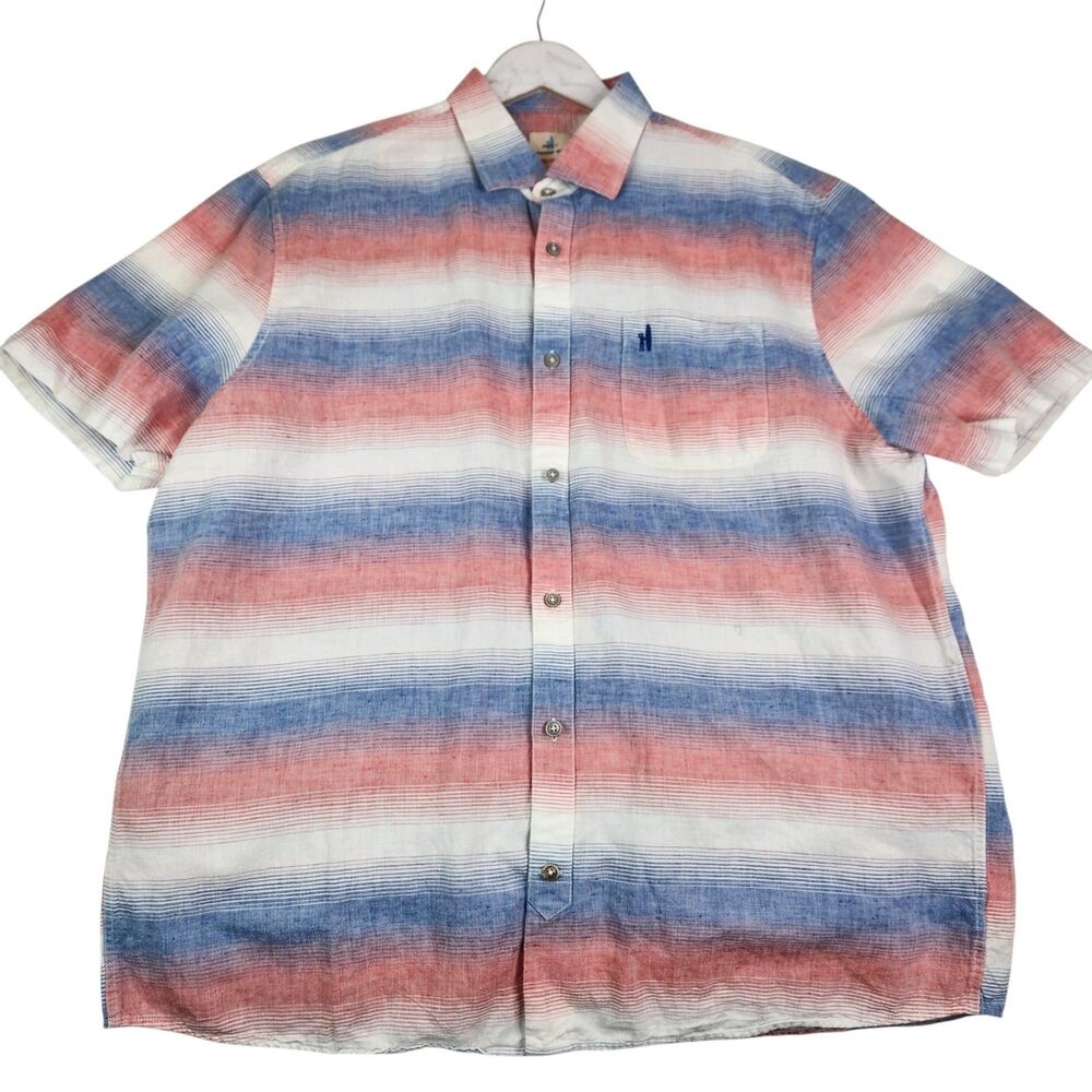 JOHNNIE-O Shirt Mens XL Red Blue White Malibu Striped Button Linen Hangin Out‎